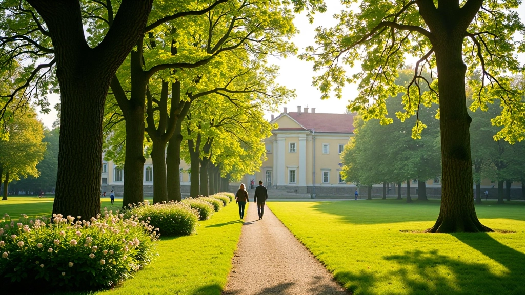 Bastejkalns, dižie koki, skaista arhitektūra, ziedi pavasarī