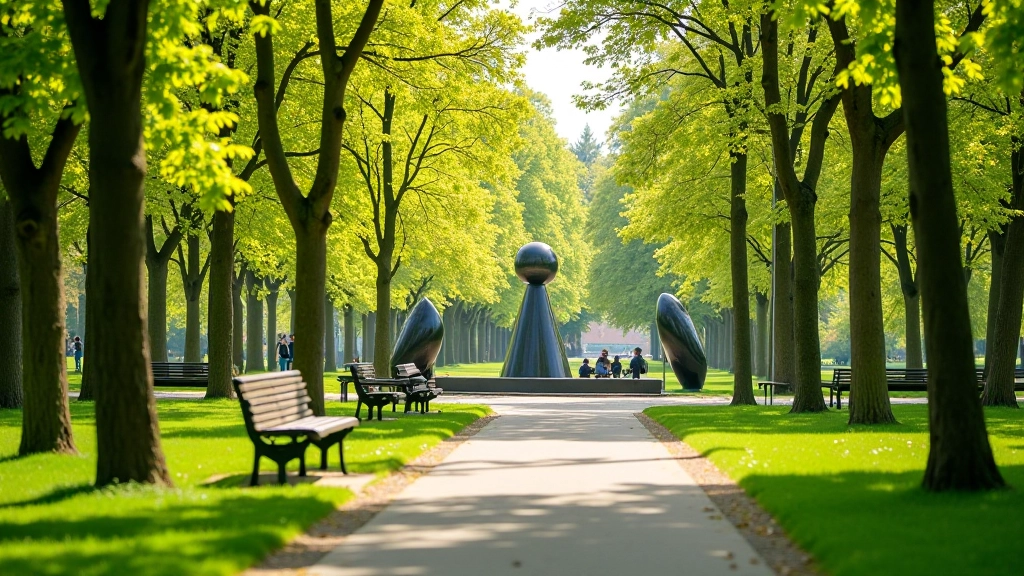 Kronvalda parks, mākslinieka skulptūras, pavasara zaļumi, soļi