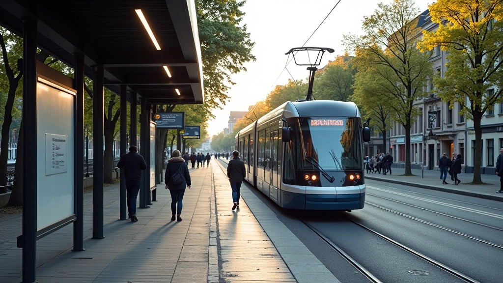 Tramvaja pietura pie kanāla ar jaunu stacijas paziņojuma paneli, pārvietošanās iespējas, Rīgas publiskais transports