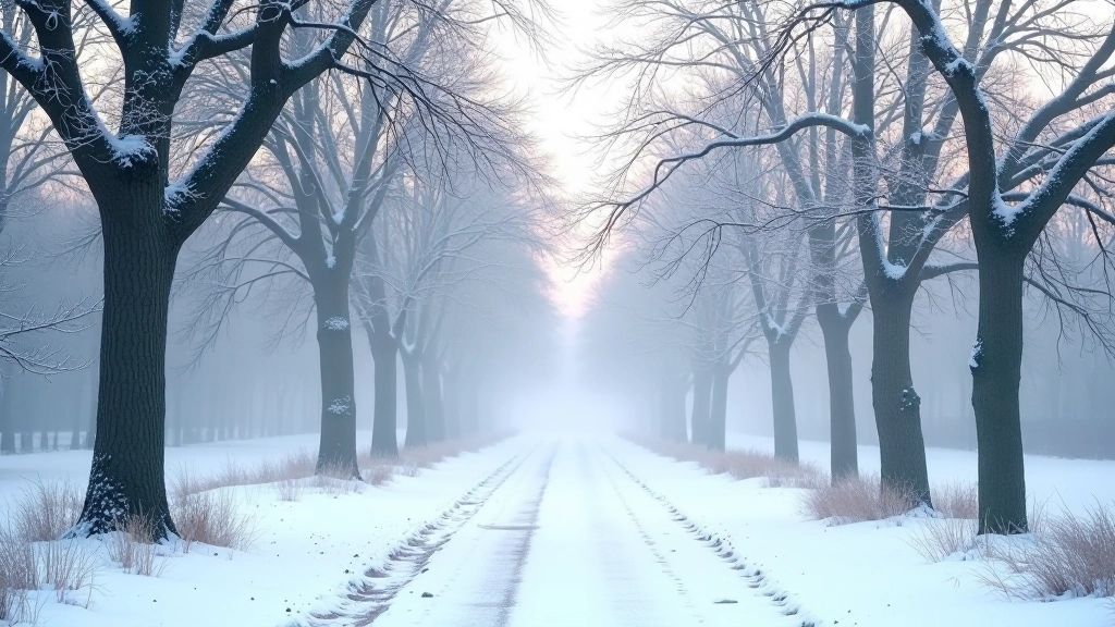 Ziemas Bastejkalna parks ar sniegu uz liepām, miglains rīts, tukšs parks